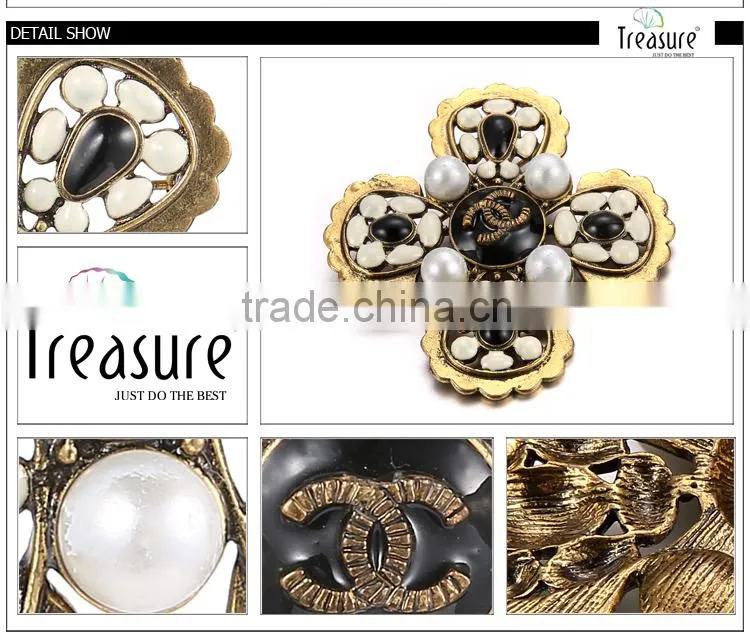 2015 latest new design best price brooch four petals white plastic beads cooper brooch wholesale