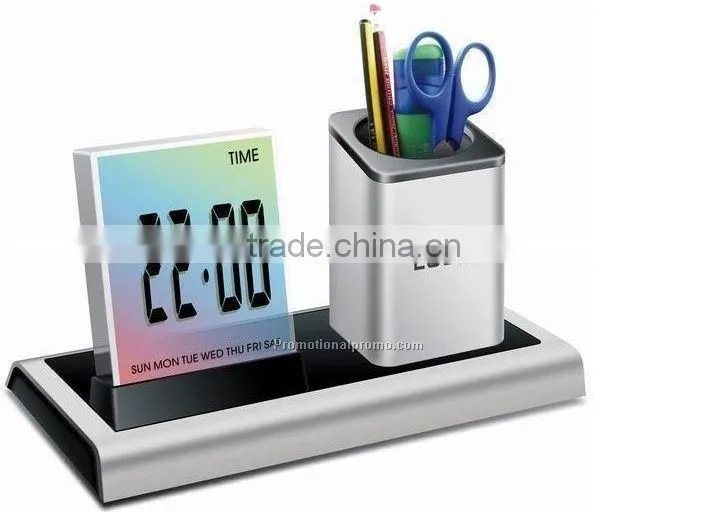 Multi Function Charming Desktop Pen Holder And Pencil Holder With Clock And Thermometer