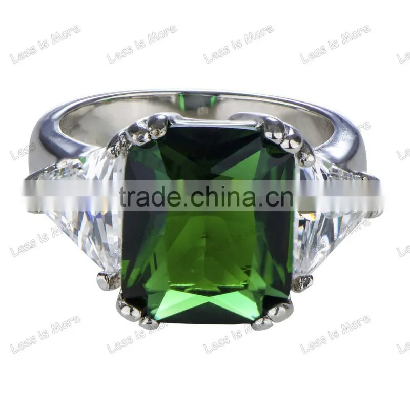 Men's Three Stone Emerald and Trillion Cut Green CZ silver gay men Ring