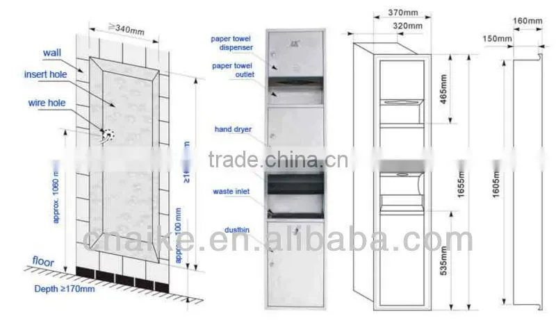 Combination Cabinet RECESSED HAND DRYER +TOWEL DISPENSER +DUSTBIN, SS.304