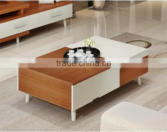 The glossy PVC white and wood grain coffee table