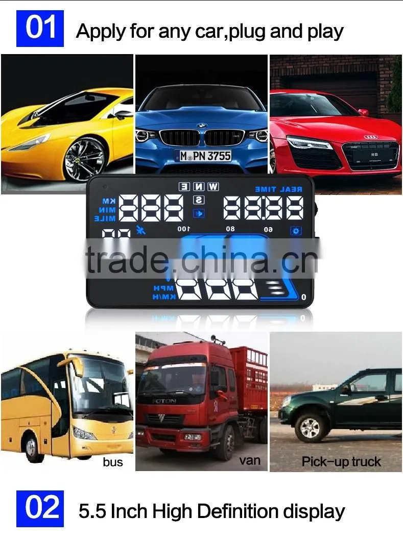 Car hud Q7 head up display for car speed monitor with 5.5 inch screen