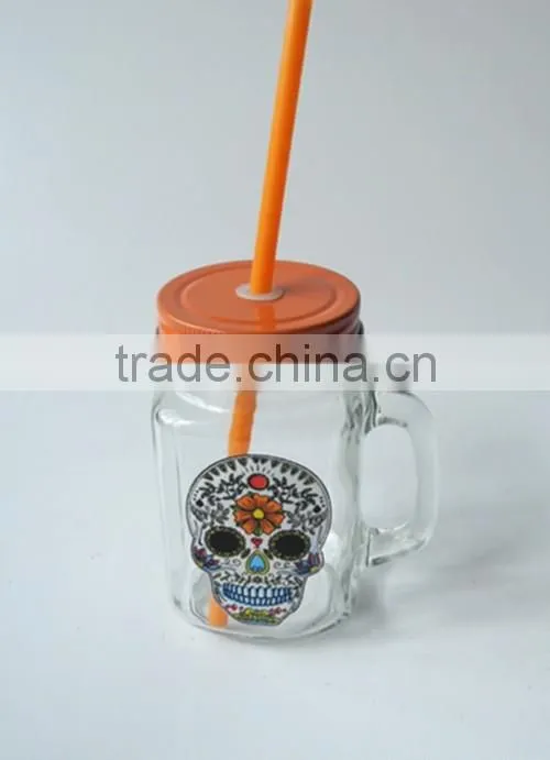 halloween style cold water drinking glass jar with customised decal and straw