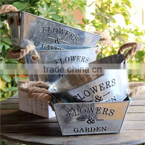 Hot sales garden zinc flower pot metal planter with string handle