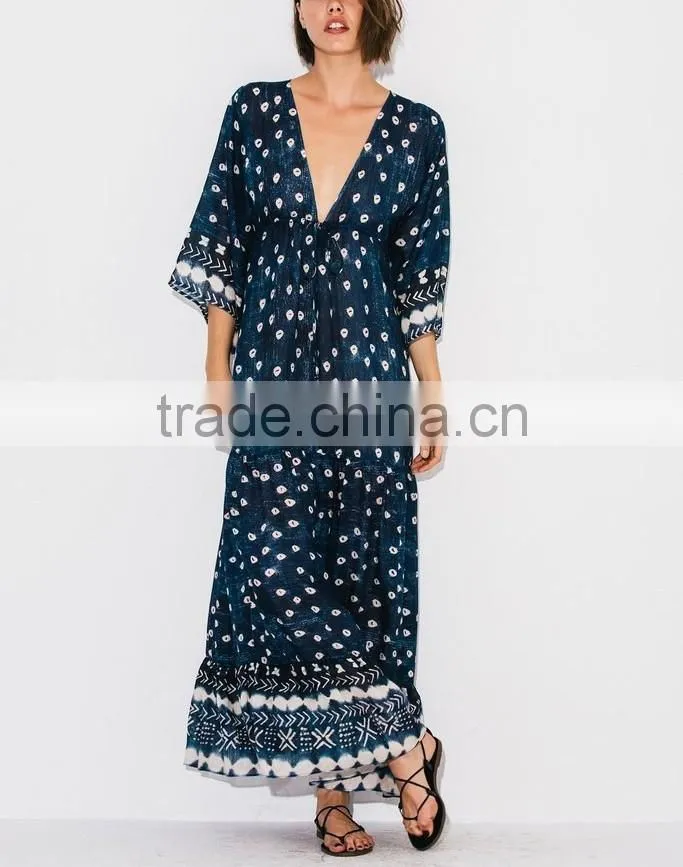 Gorgeous Boho Printed Rayon V Neck Maxi Dress Bohemian Ladies Western Dresses Names HSd5094