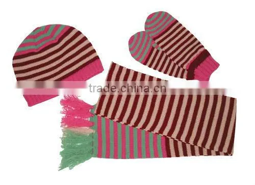 Various design Jacquard fashion winter knitted scarf hat glove sets