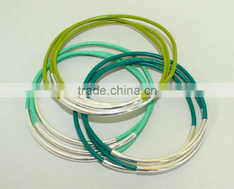 silver tube leather bracelet, 10pcs stacking leather bangle bracelet, new design thin leather bracelet