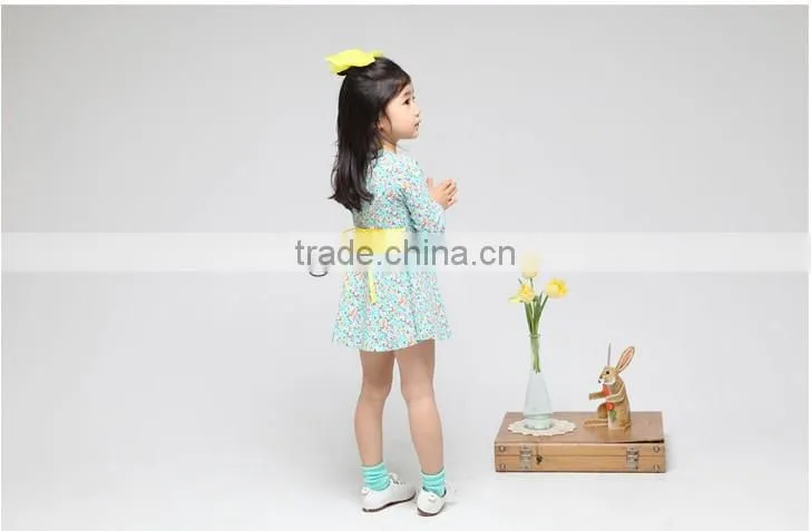 New Spring 100% Cotton Girls Blue Small Floral Dress Kids Long Sleeve Autumn Dress grls party dress Fashion Clothes
