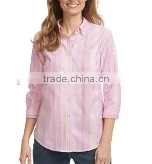 2015 Easy Care Washed Oxford Shirt three-Quarter-Sleeve Multi-Stripe elegant blouses for ladies