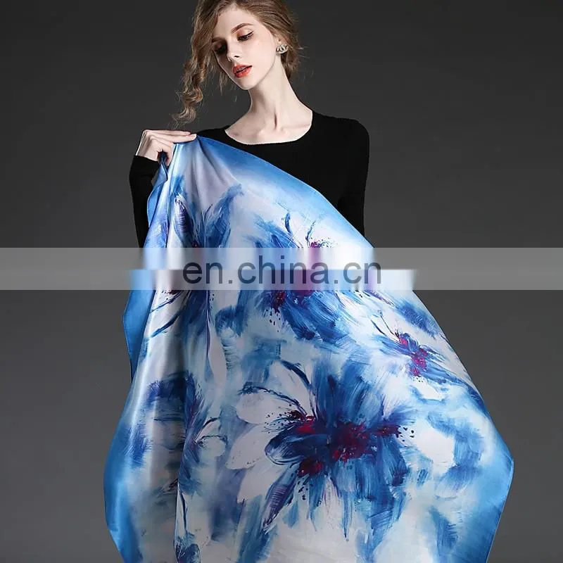 Blue silk square scarf for women 110*110
