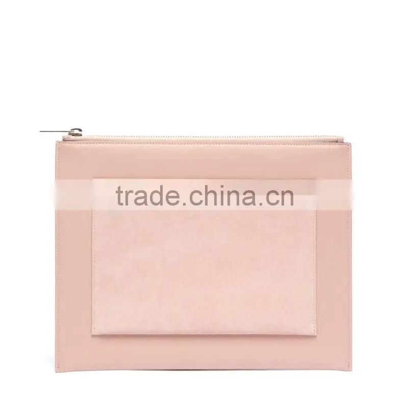Guangzhou Hot sale pink suede pocket and calfskin leather evening party clutch pouch clutches bag for woman