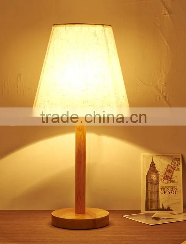 small wood table lamp, reading lamp, linen fabric lamp shade, wooden base lamp