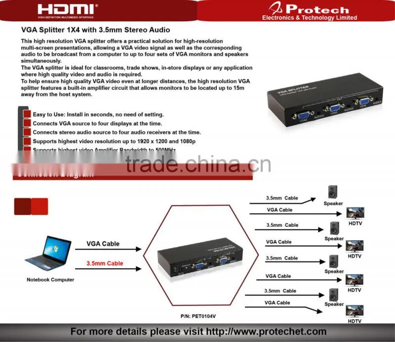 On promotion 4 port vga splitter with audio output and power adapter