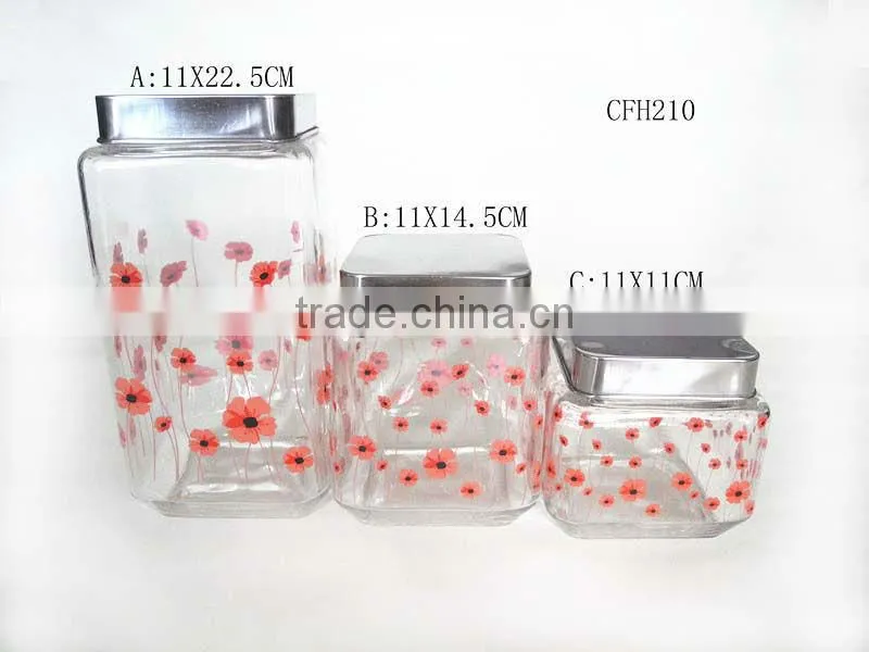 decal square glass candy jar with metal lid