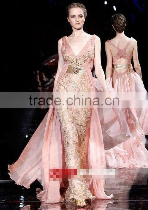 pink deep V neck embroidered dresses