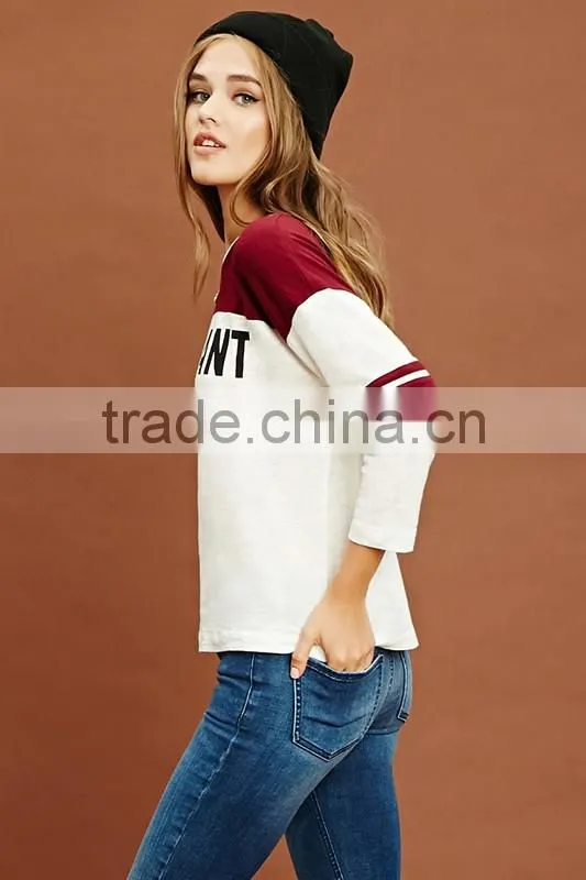 Custom print two clolors stitching 3/4 sleeve baseball t shirt