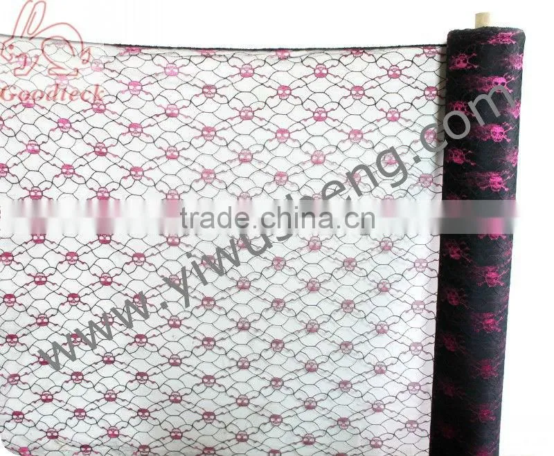 Glitter skull Halloween polyester tutu tulle fabric roll, 6"x100yd (60"x100YD) Halloween Tutu skirt material,