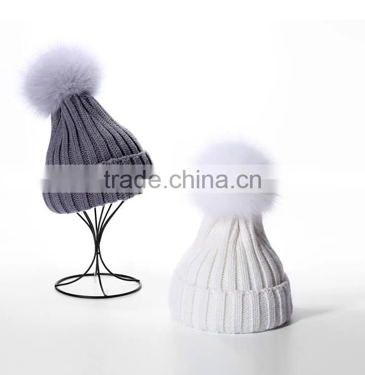 Adult Lady Fox Fur Pom Pom Crochet Warm Black Winter Knitted Hats Cap For Women Perfect Valentine's Day Gift