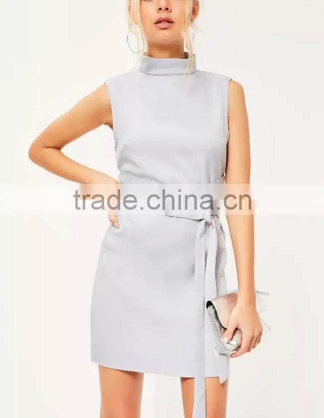 New Design Summer Ladies Lovely High Neck Tie Waist Mini Shift Casual Dress