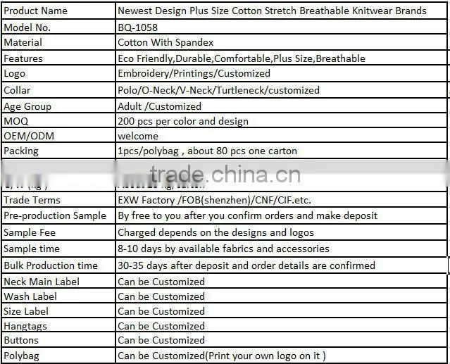 Newest Design Plus Size Cotton Stretch Breathable Knitwear Brands