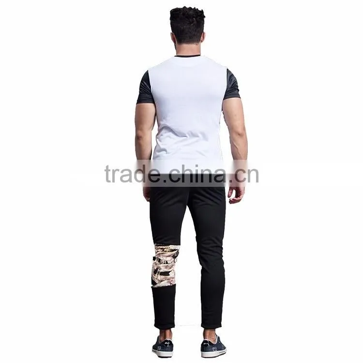 2016 new style custom print patch plain black 97%cotton casual fitness mens printed pants