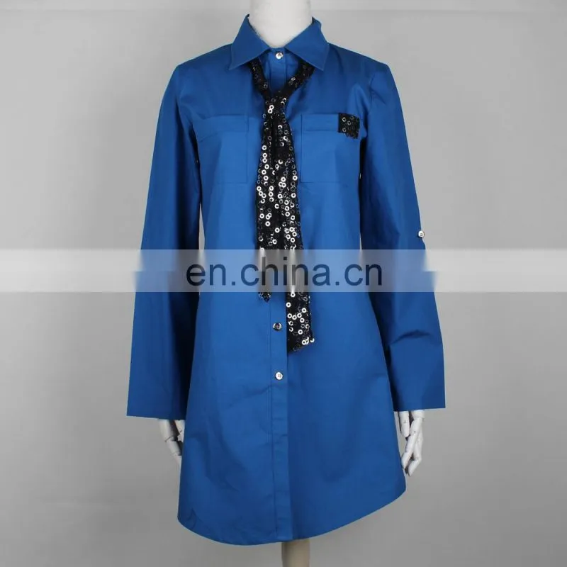 Spread collar fashion style women long shirts with Sequins tie