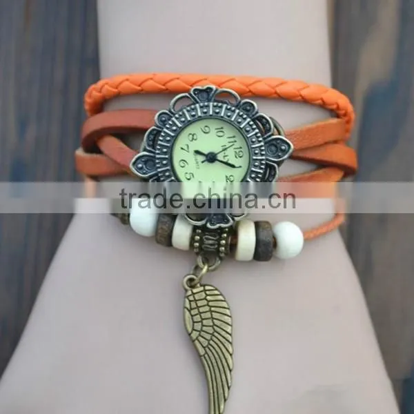 alibaba express Quartz watch F-05 for girls with Wing pendant,leather strap, bronzed watch case