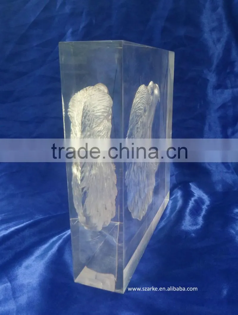 3D laser carving eagle's heart acrylic art block display animal style thick paperweight