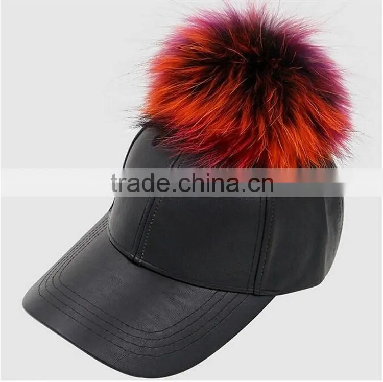 Colorful raccoon fur balls Baseball caps New faux leather casquette PU hat for sport