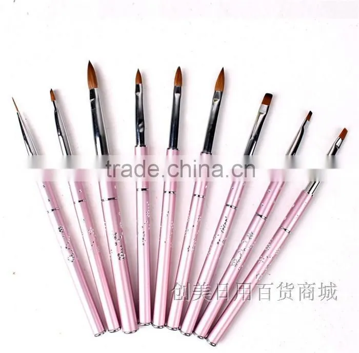 Hot! 9pcs Acrylic UV Gel Nail Art False Tips Drawing Painting Brush Pen Set with metal handle and cap