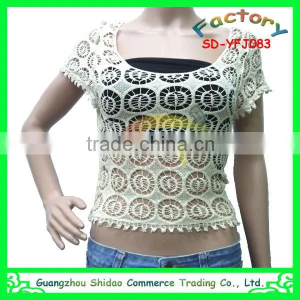 Export high quality short sleeve short pattern blouse embroidery cotton ladies blouse