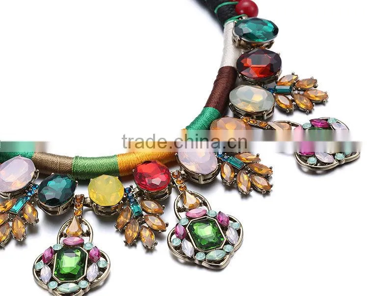 Handmade necklace rope chain colorful crystal pendantethnic necklace 2015 luxury crystal inlaid bijoux femme NL13562