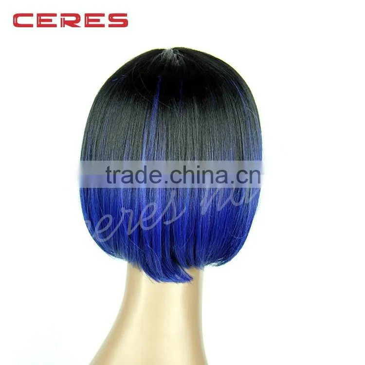 Short Hair Wig Straight Black Root Blue Ombre Synthetic Bob Lace Front Wigs for Women