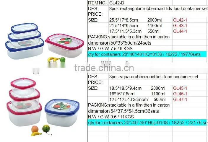 3pcs TPR rectangle rubbermaid food storage container set