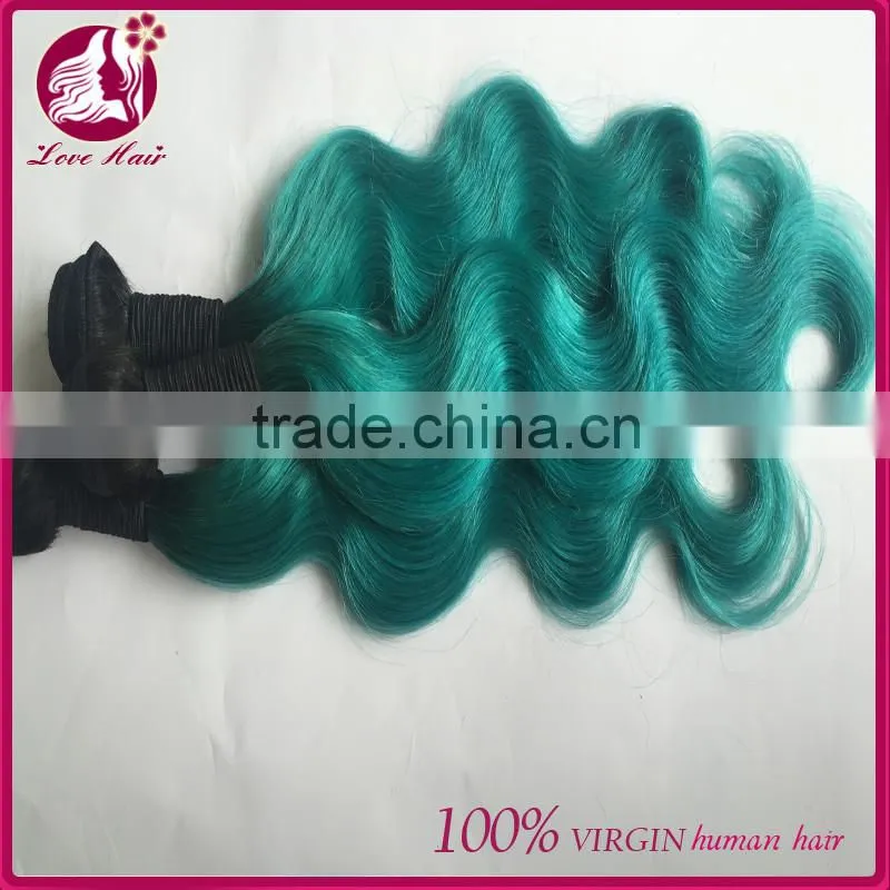 2016 Best selling 100g Virgin peruvian body wave 1b teal two tone ombre colored hair weave bundles