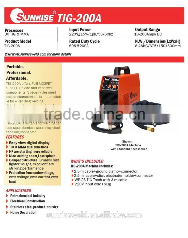 free accessory tig torch mosfet inverter welding machine TIG-200A free price