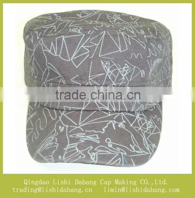 cotton twill printed army hat, scrawl flat top cap military hat