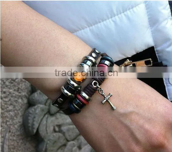 punk style genuine leather bracelets for students with cross drop