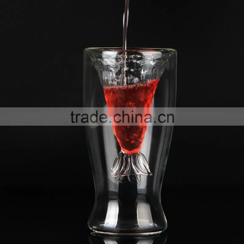 Customized fish shape double wall glass cup