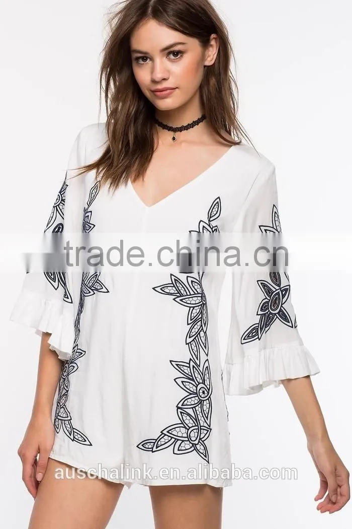 new style girls white bold embroidered floral cheap romper