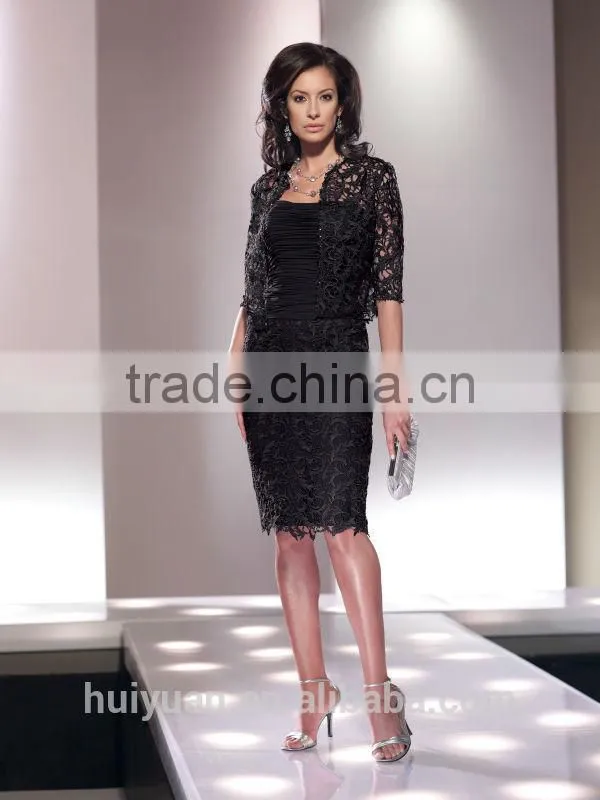 formal woman lace knee length black long sleeve evening dress