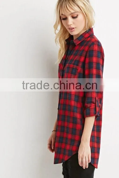 Longline Plaid Flannel Shirt High quality blouse OEM women's shirts