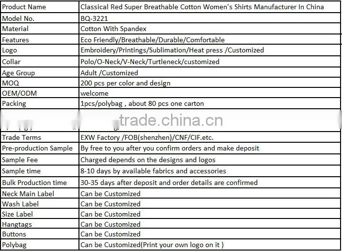 Classical Red Super Breathable Cotton Women's Shirts Manufacturer In China