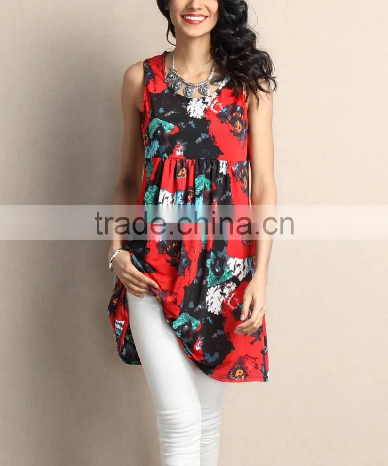 Newest Women Dresses With Red Floral Empire-Waist Sleeveless Tunic Dress Women Flower Dress Women Clothes GD90426-36