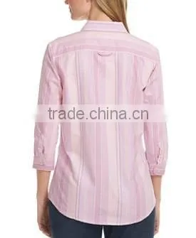 2015 Easy Care Washed Oxford Shirt three-Quarter-Sleeve Multi-Stripe elegant blouses for ladies