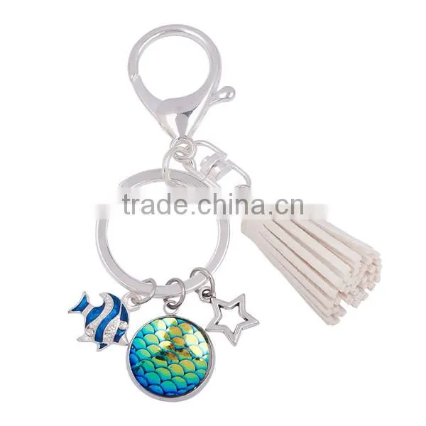Off-white & Blue AB Color Tassel Star Clear Rhinestone Fish /Dragon Scale Keychain
