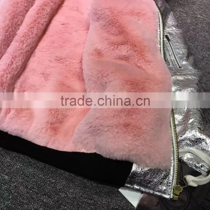 2017 Winter Fashion Sliver Leather Jacket With Pink Faux Fur Lined Leather Wear