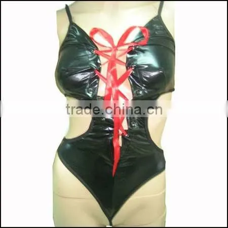 Art Design Lingerie Seamless Long Sleeveless Open Crotch With Red Ribbon Black PU Lady Women Leather Sexy Bodystocking