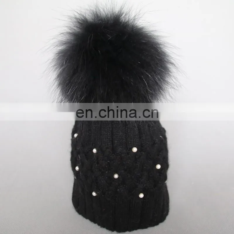 Fashion design black knitted pattern wool blend hats with fur pom