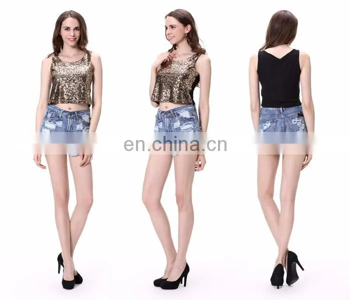 2016 Europe America Hot Girls Sexy Gold Sequin Net Tank Top